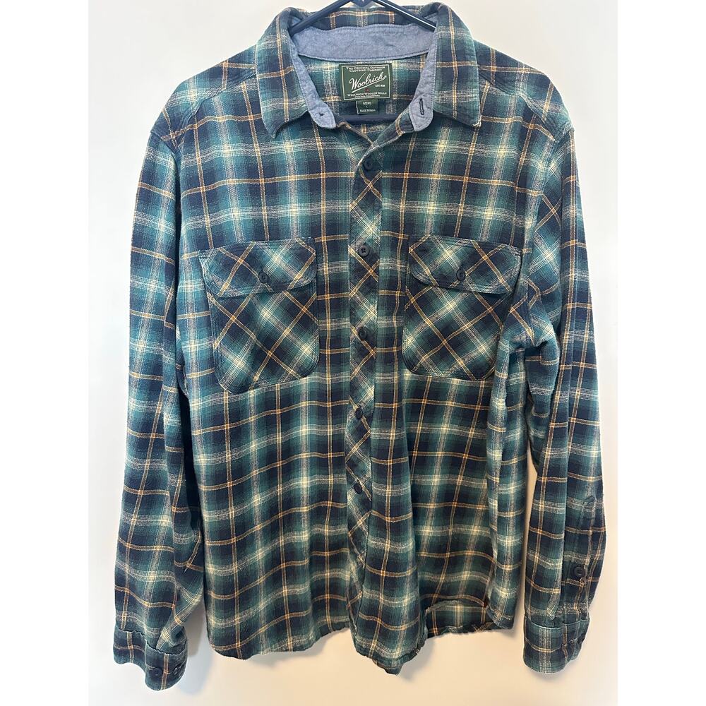 Woolrich Men’s L Plaid Flannel Shirt Green Blue Outdoor Workwear Button Up